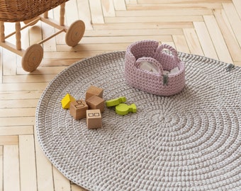 Boho nursery rug, round nursery rug soft neutral baby boy or girl room decor, circle cotton area rug for kids, toddler room