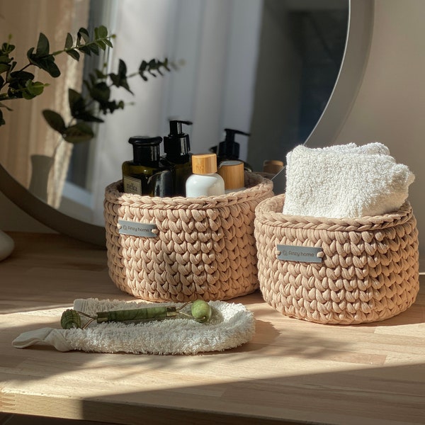 Paniers de rangement ronds au crochet de différentes tailles, panier rond pour chambre de bébé, organiseur de produits de maquillage. Panier de rangement pour salle de bain, buanderie