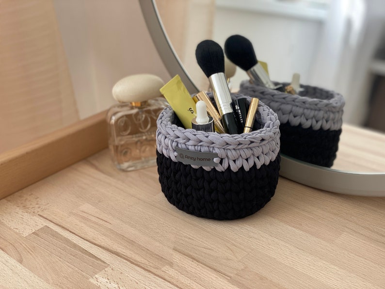 Christmas gift Small basket, bathroom storage baskets, desk accessories, makeup cosmetic organizer, pen holder, entryway organizer 3 Black+grey