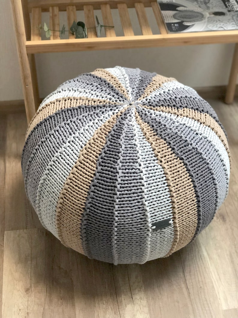 Striped Knitted Pouf Colorful Ottoman Grey and Beige Etsy Canada