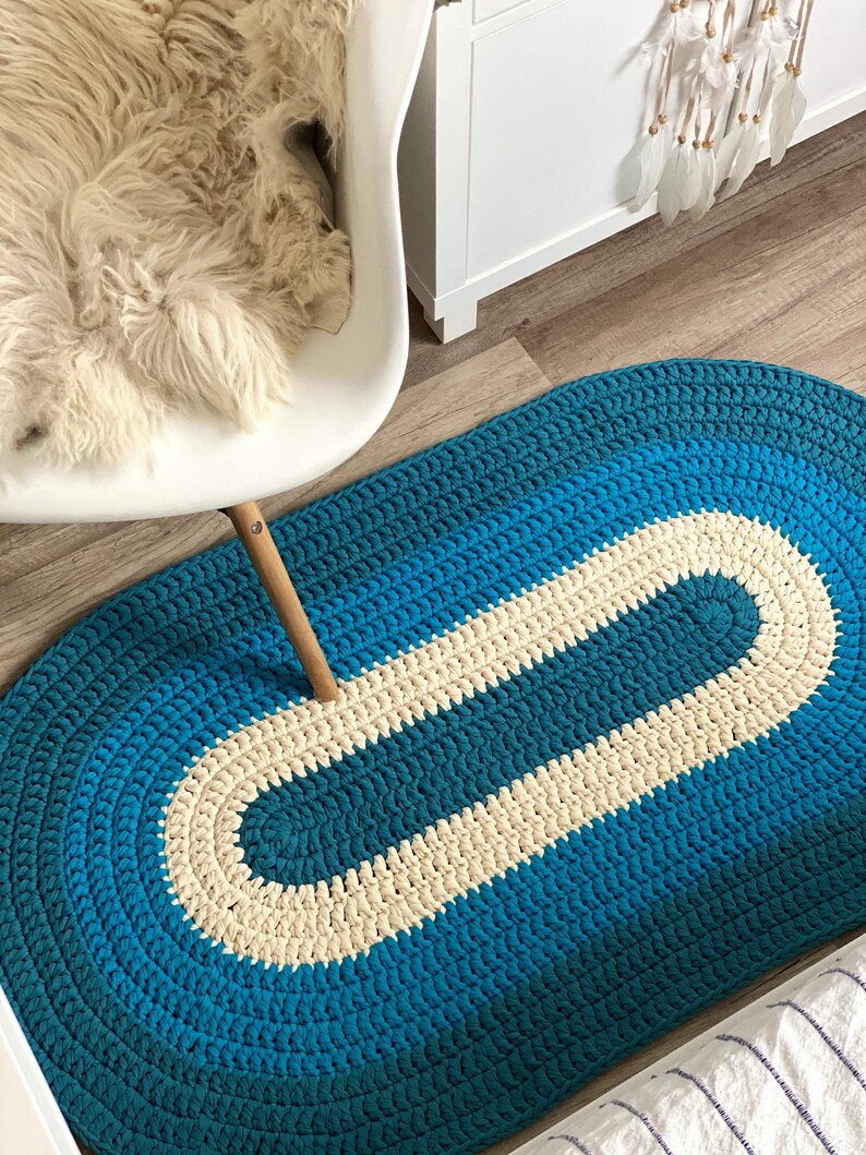 Crochet striped oval area rug Bedside mat Cotton floor rug Etsy