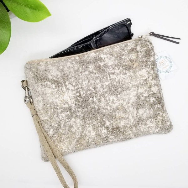 Jones Supply Company | The Wristlet | Textured Metallic Velvet Zippered Clutch with Removable Strap | Handbag | Makeup Bag | Purse