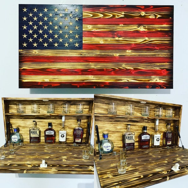 Wood American Flag Murphy bar, concealment American flag, wood American flag Concealment bar, hidden home bar liquor cabinet