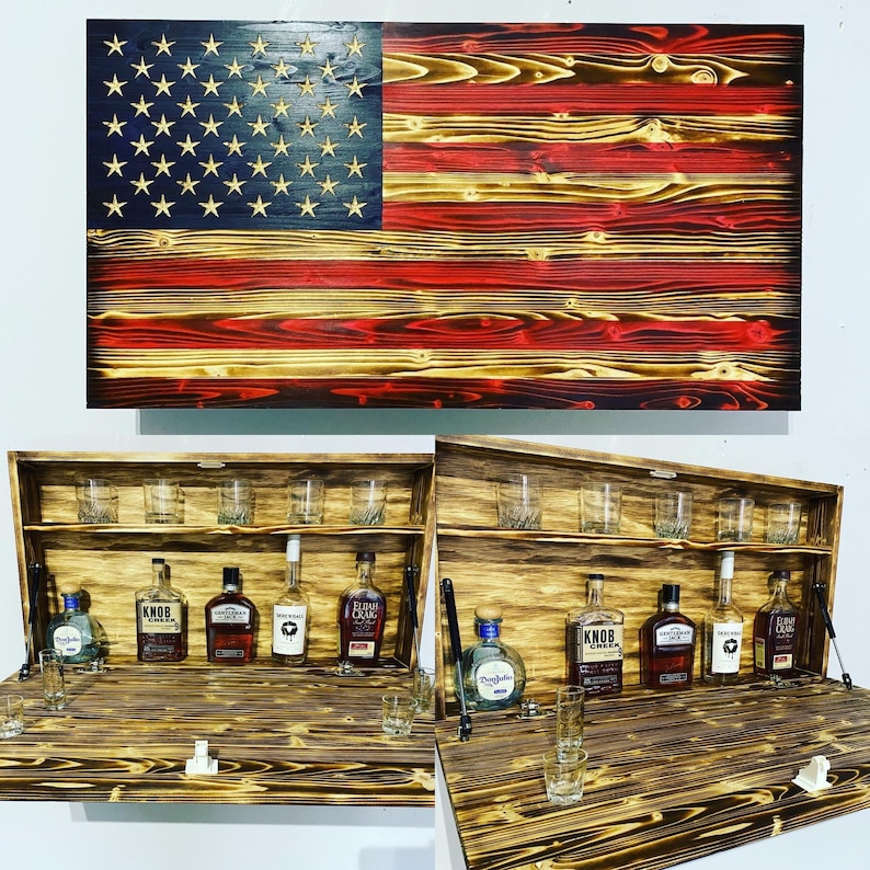Wood American Flag Murphy bar, concealment American flag, wood American flag Concealment bar, hidden home bar liquor cabinet image 1