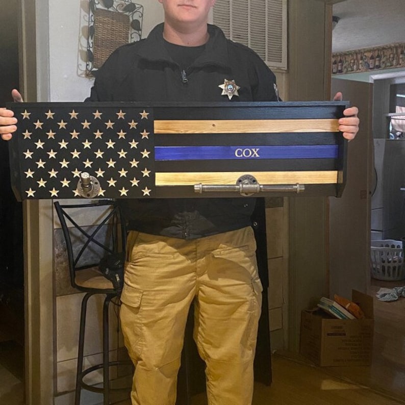 Police duty rack, police gear rack, tactical gear rack, gifts for police officer, thin blue line flag, police gear organizer, wall gear rack image 3