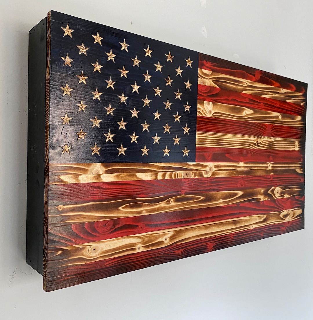 Wood American Flag Concealment Gun Case Cabinet Concealment Flag