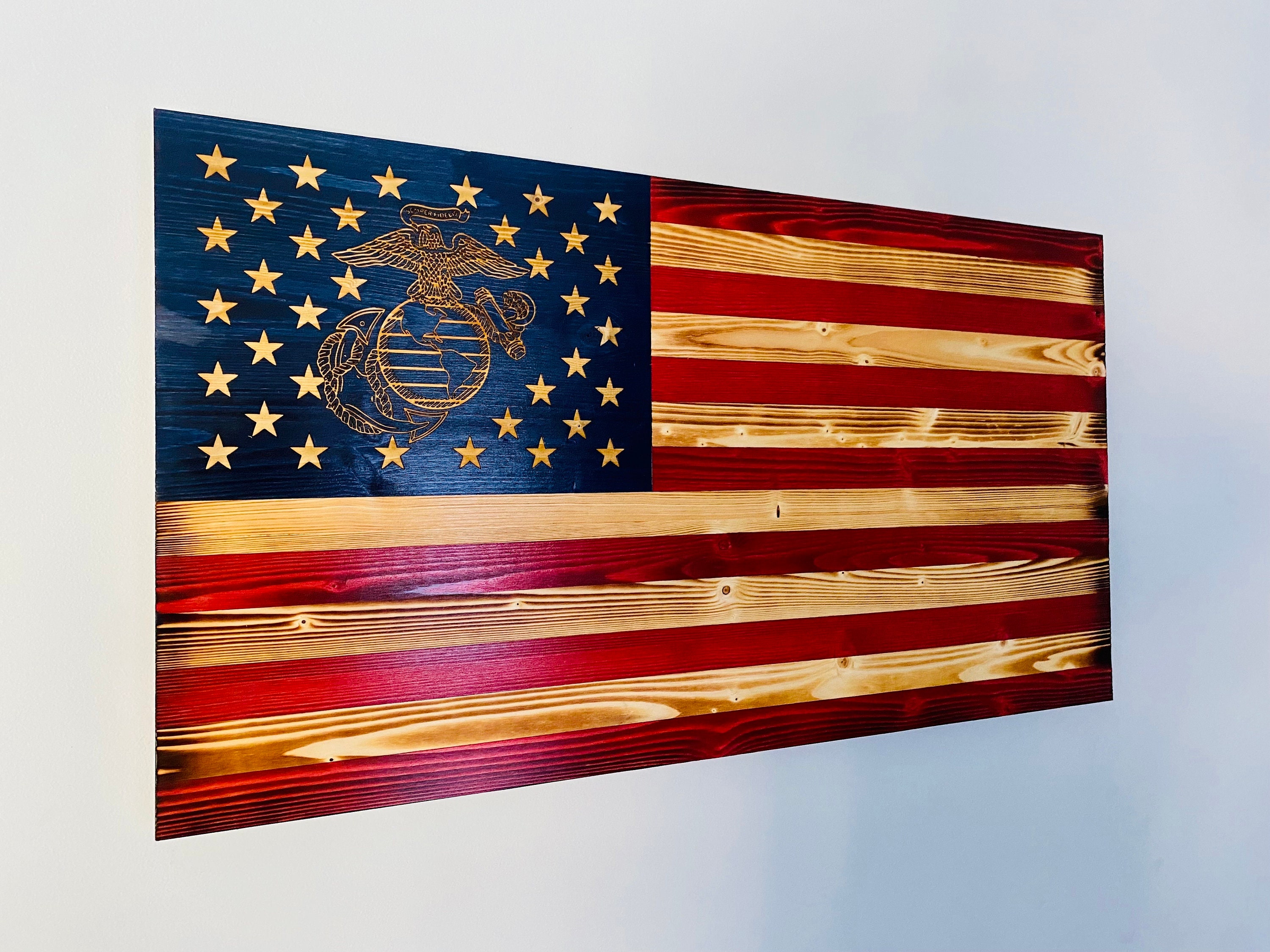 アメリカ MARINE CORPS 海軍 壁掛け インテリア 木製 彫刻 Rustic Pine Wood US Marine EGA Flag - Handmade Military Wall