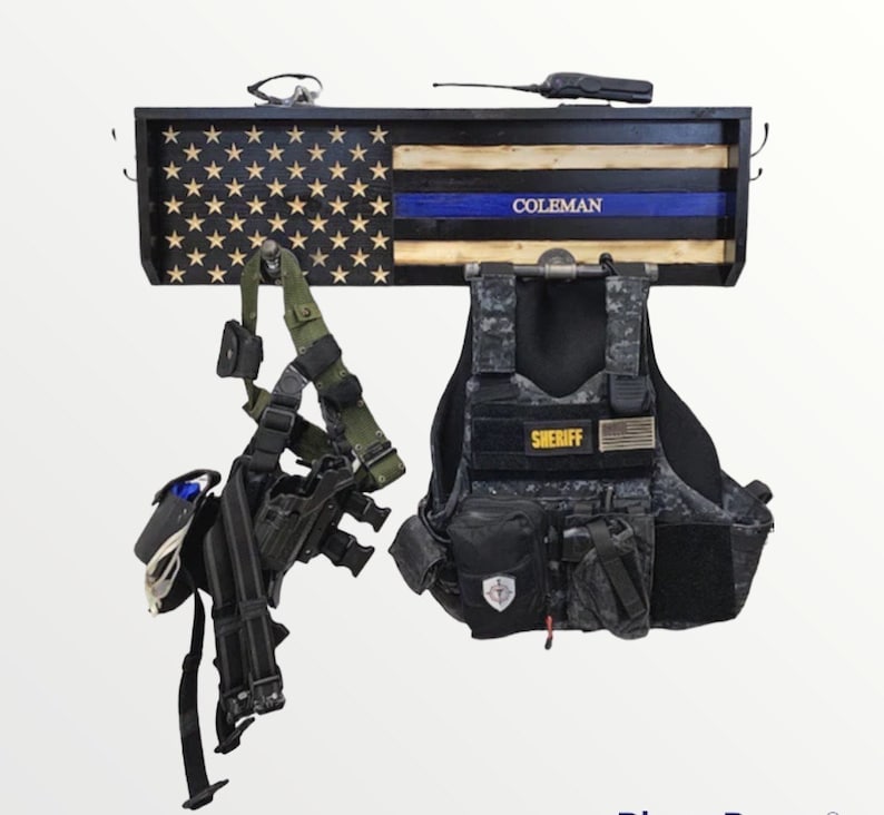 Police duty rack, police gear rack, tactical gear rack, gifts for police officer, thin blue line flag, police gear organizer, wall gear rack image 4