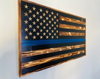 Wood American Flag, blue line American flag, police flag, Rustic Flag, Wood Flag, Wooden Flag, Wood Sign, Wood Art