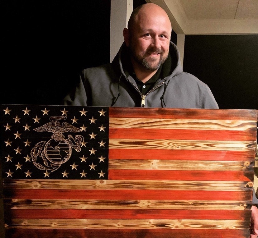 アメリカ MARINE CORPS 海軍 壁掛け インテリア 木製 彫刻 Rustic Pine Wood US Marine EGA Flag - Handmade Military Wall