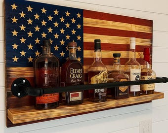 Rustic American Flag whiskey shelf, wood American flag bourbon shelf, whiskey rack, bourbon rack
