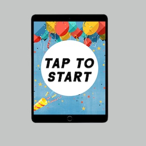 Puede incluir: Una pantalla de tableta con un fondo azul y confeti de colores. El texto "TAP TO START" se muestra en un círculo blanco. Hay globos de colores en la parte superior de la pantalla.