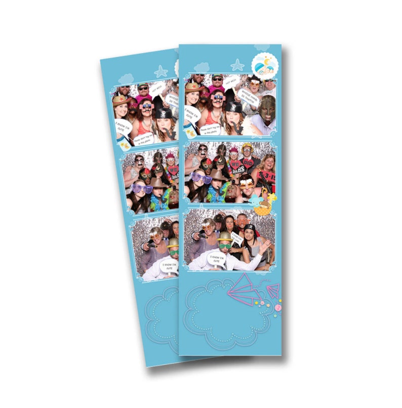 May include: A blue photo booth strip with four photos of a group of people wearing silly hats and holding props. The photos are arranged in a vertical strip with a blue background and white borders. The strip is decorated with a cloud and stars.