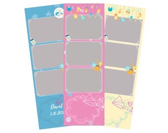 May include: Three photo booth strips with a baby theme. Each strip has four photo frames with a light blue, pink, and yellow background. The top of each strip has a row of baby toys hanging from a string. The bottom of each strip has a cloud with paper aeroplanes and polka dots. The text "David 5.10.2018" is on the bottom of the blue strip.