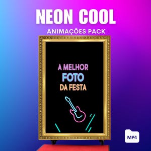 Puede incluir: Gráfico digital con las palabras "NEON COOL ANIMATIONS PACK" en blanco y un fondo negro enmarcado en oro con el texto "A MELHOR FOTO DA FESTA" en rosa y azul. También se muestra una guitarra de neón.