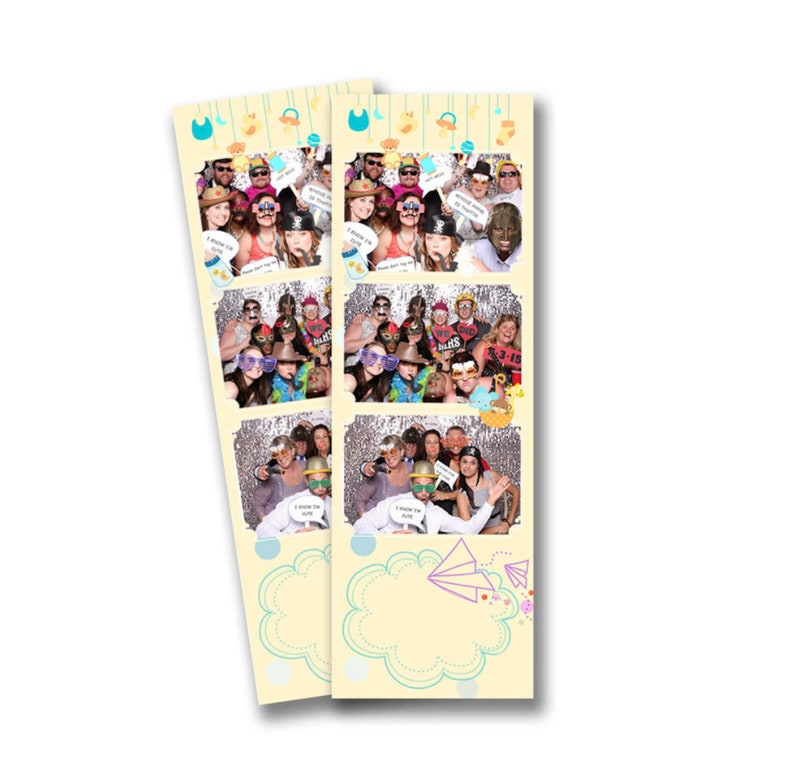 May include: A photo booth strip with three photos of a group of people. The photos are in a yellow frame with a blue and white background. The background has a baby shower theme with cute cartoon animals and paper aeroplanes.
