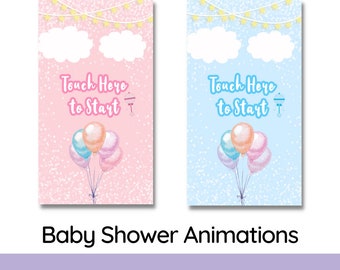 May include: Two baby shower start screen animations. The left screen is pink with white clouds and stars. The right screen is blue with white clouds and stars. Both screens have the text "Touch Here to Start" and a bunch of balloons.