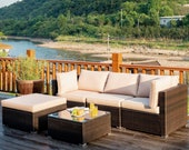 5 Piece Outdoor Table and Chairs Patio Furniture Set Coffee Ottoman Seating Wicker Deck Lawn Sunroom Sofa Rattan All Weather Outside