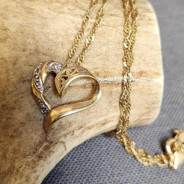 Vintage 10k White and Yellow Gold Heart Pendant on 14k 20" Chain - Timeless Two-Tone Elegance