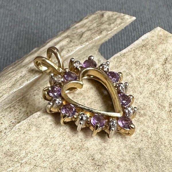 Vintage JJT Vermeil Sterling Heart Pendant W/ Amethyst & 2 Diamond Chips 3.4 Grams Gold-Plated .925 Silver 1" Signed Artisan Fine Jewelry