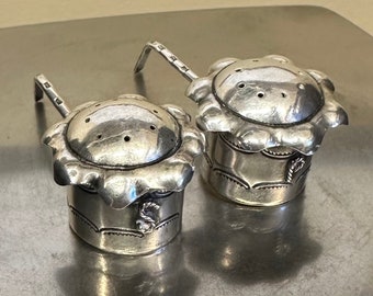 Vintage Sterling Salt & Pepper Shakers W/ Handles Flower Top Design NO STOPPERS 1" 28.6 Grams Silver Custom Kitchen Dinnerware Flatware