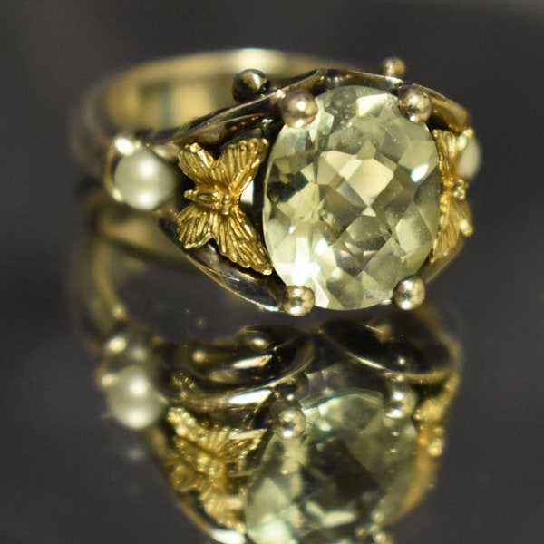 Ann King Hallmarked Sterling Silver & 18k Butterfly Oval Cut Quartz Stone Ring Thailand Size 7 #900 (SR-062)