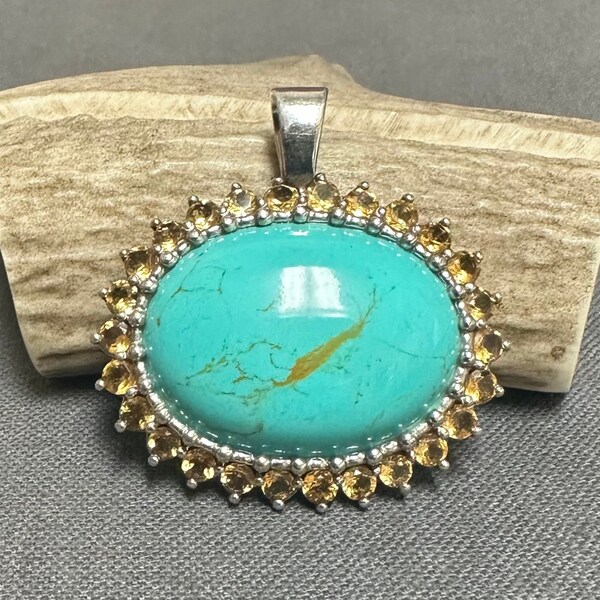 Large Sterling Turquoise & Topaz Pendant Signed CFJ Thailand Synthetic Blue/Yellow Stones 18.7 Grams .925 Silver 1.75" Artisan Fine Jewelry
