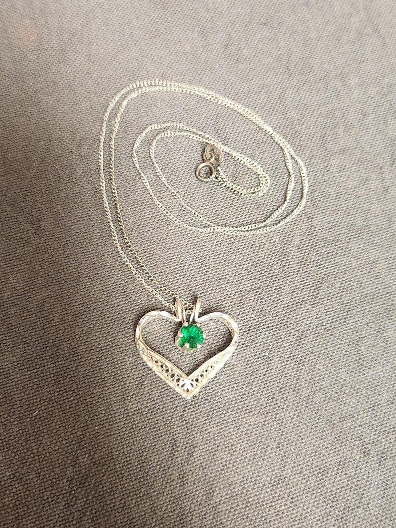 Sterling Silver Heart and Emerald Pendant Necklace, 20 Chain Ladies