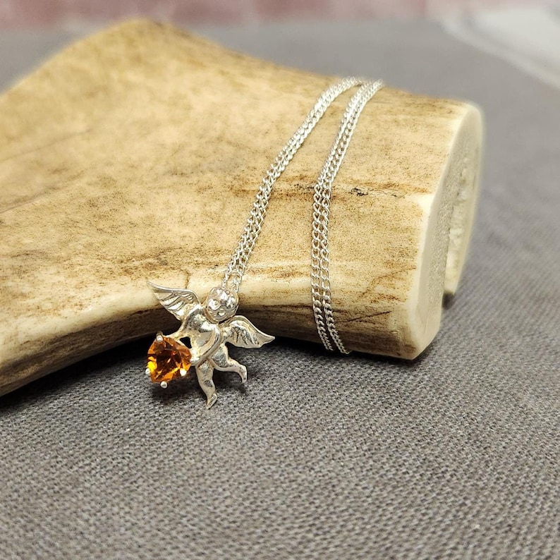 Sterling Silver Angel Holding Citrine Pendant Necklace, 19 Chain Ladies