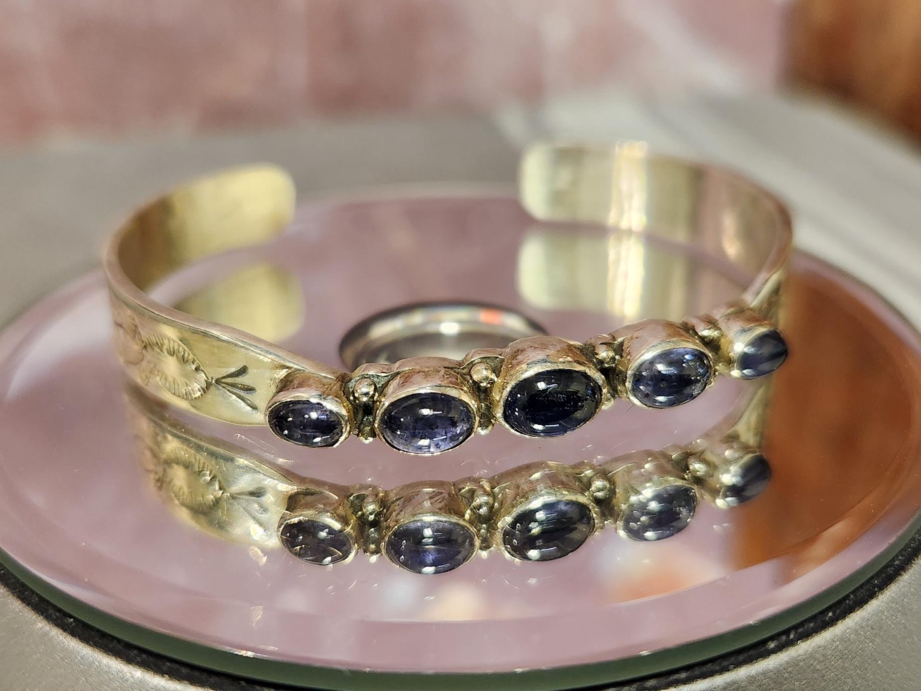 Vintage Handmade Etched Sterling Silver Cuff Bracelet with Iolite Stones by Navajo Artisan Robert Platero – 2.5" Diameter, 21.3 Grams