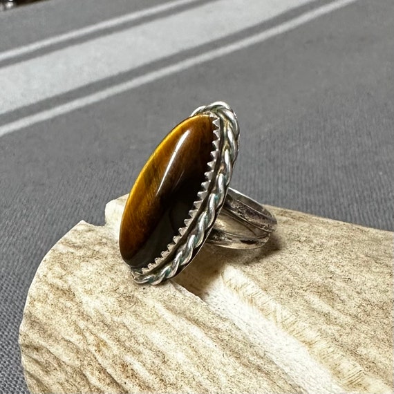 Vintage Sterling Tiger's Eye Solitaire Ring W/ Sp… - image 3