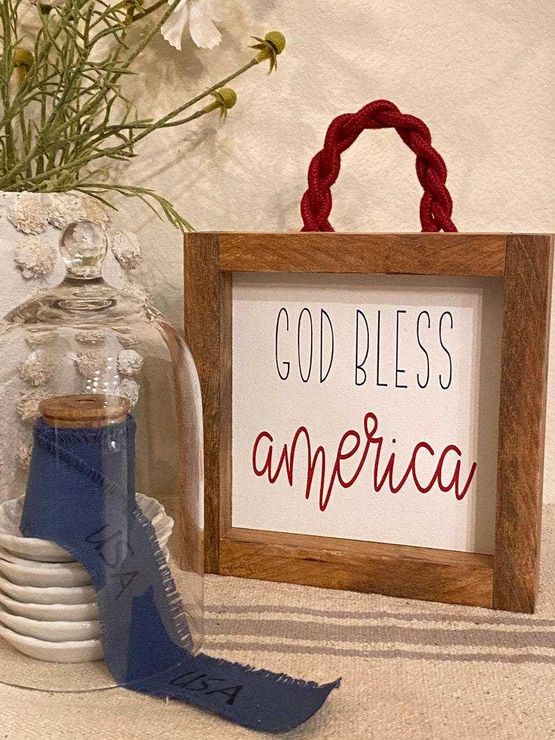 God bless America sign with red jute hanger, patriotic sign, gift, summer sign, god bless America sign image 4