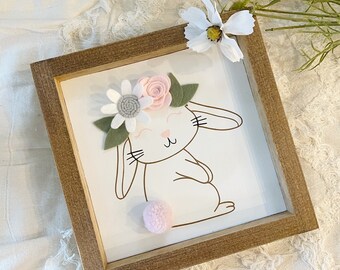 Bunny with flowers on her head and a pom pom tail, bunny sign, Easter sign, Spring sign, gift, PREORDER