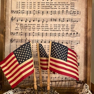 Set of 3 vintage inspired American flags on mini spindles, patriotic decor, primitive decor, gift, PREORDER