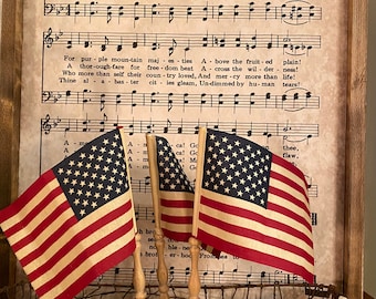 Set of 3 vintage inspired American flags on mini spindles, patriotic decor, primitive decor, gift, PREORDER