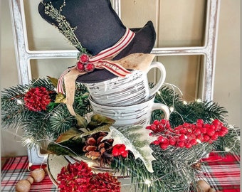 Small black Snowman hat, primitive snowman hat, primitive Christmas decor, primitive winter decor, gift, PREORDER