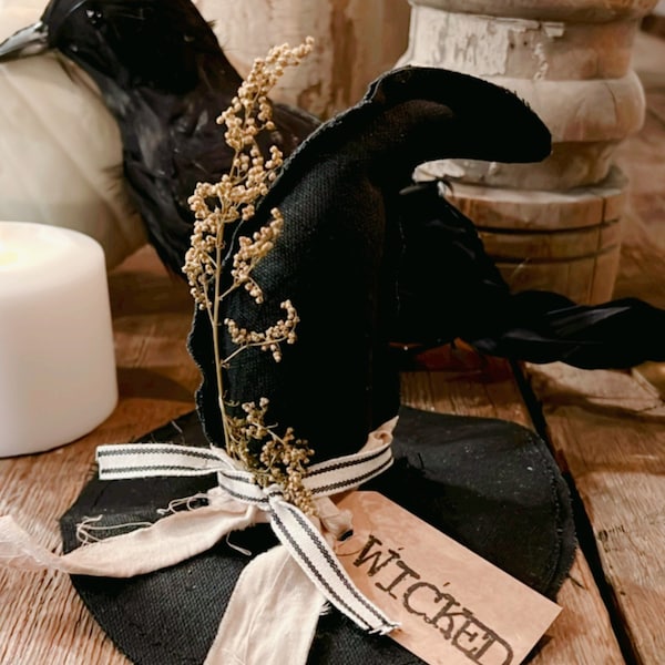 Small witch hat, primitive Halloween decor, primitive witch hat with Wicked tag, , gift, PREORDER