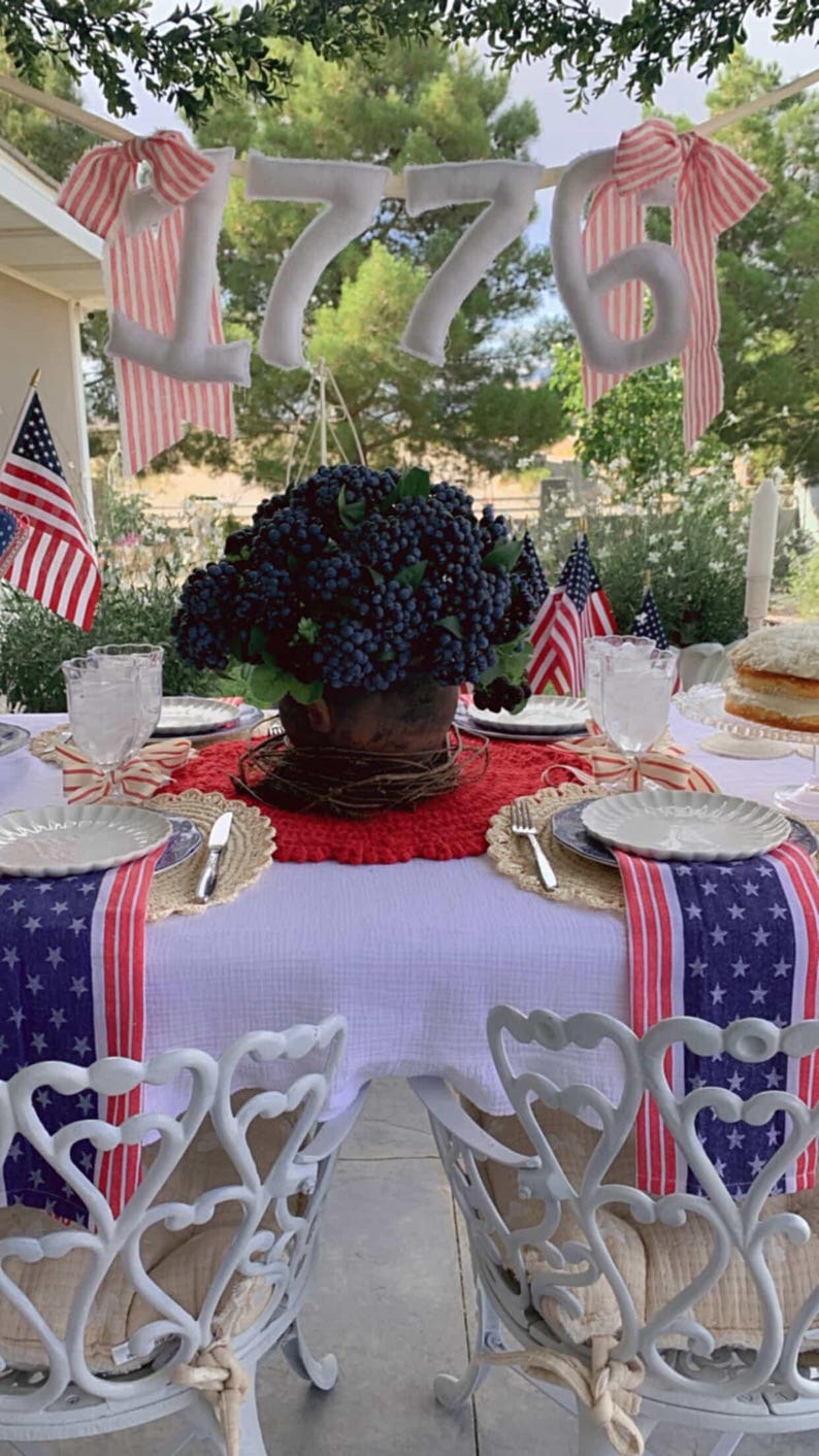 May include: A festive outdoor table setting with patriotic decor. Features a white tablecloth, star-spangled runners, and decorative plates. A centerpiece of dark blue berries sits in a rustic pot. The number "1776" hangs above the table.