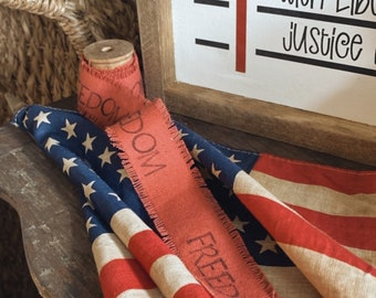 FREEDOM stamped ribbon on a spool, patriotic decor, primitive decor, gift, PREORDER
