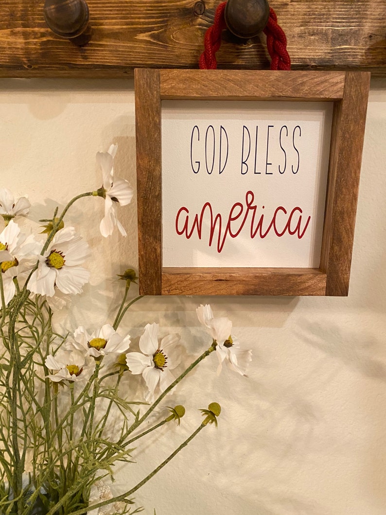 God bless America sign with red jute hanger, patriotic sign, gift, summer sign, god bless America sign image 3