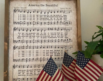 America the beautiful music sheet sign, vintage inspired sign,framed paper sign,  patriotic sign, patriotic decor, gift, PREORDER