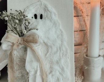 cheesecloth ghost on canvas, ghost on canvas, boho ghost, Halloween decor, neutral ghost decor, gift, PREORDER