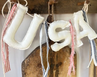 USA banner, linen banner, patriotic banner, Memorial Day decor, patriotic decor, letter banner, gift, PREORDER