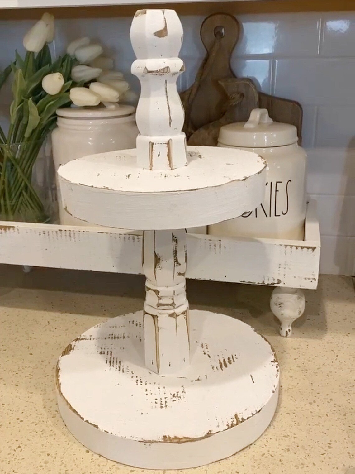 Two Tiered Tray White Distressed Tray Gift Cupcake Holder Etsy