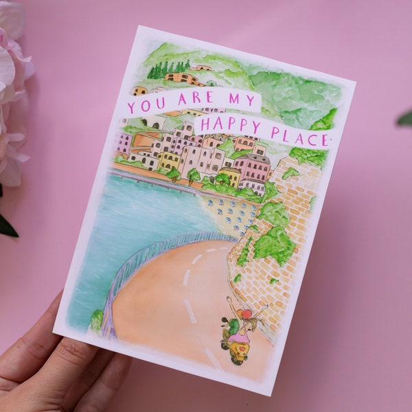 You Are My Happy Place Carte de vœux - Téléchargement instantané de produit numérique - Aquarelle illustrée Amalfi Italie Print - Esthétique colorée