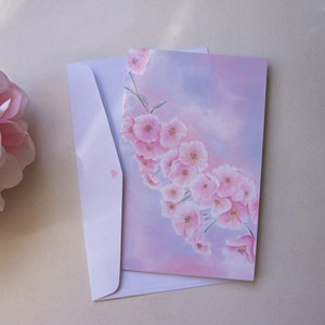 Sakura Fluffy Cherry Blossoms Greeting Card - Illustrated Japan Printed Cards - Pastel Colourful Aesthetic Stationery Gift & Souvenir