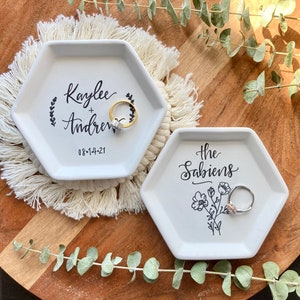 4.5" Personalized Custom Calligraphy Hexagon Ceramic Jewelry Ring Dish | Handlettered Gift |Engagement Bridal Gift | Wedding Party Ring Dish