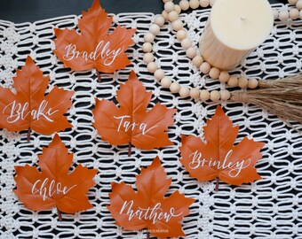 5” Faux Leather Terracotta Orange Fall Leaf Calligraphy Place Cards| Leaf Escort Card| Fall Wedding Escort Card|Thanksgiving Tablescape|Fall