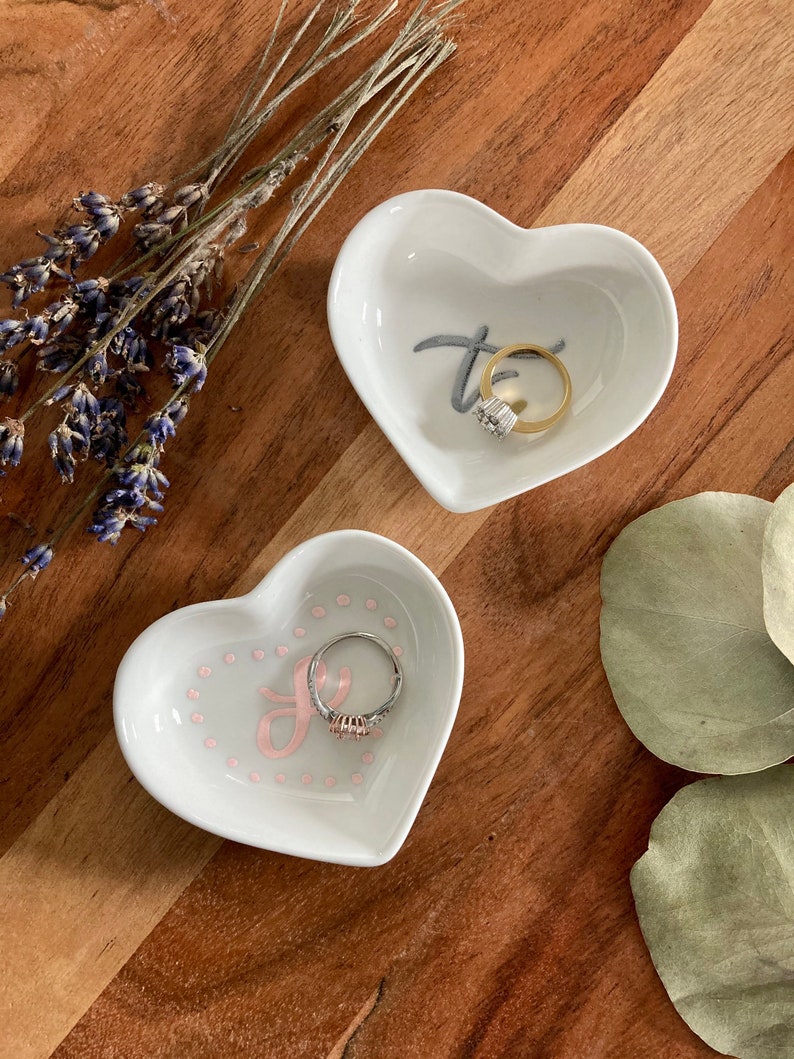 Engagement Gift Custom Ring Dish Calligraphy Ring Dish 3\u201d Personalized Custom Hand Lettered Ceramic Heart shaped Mini Ring Dish