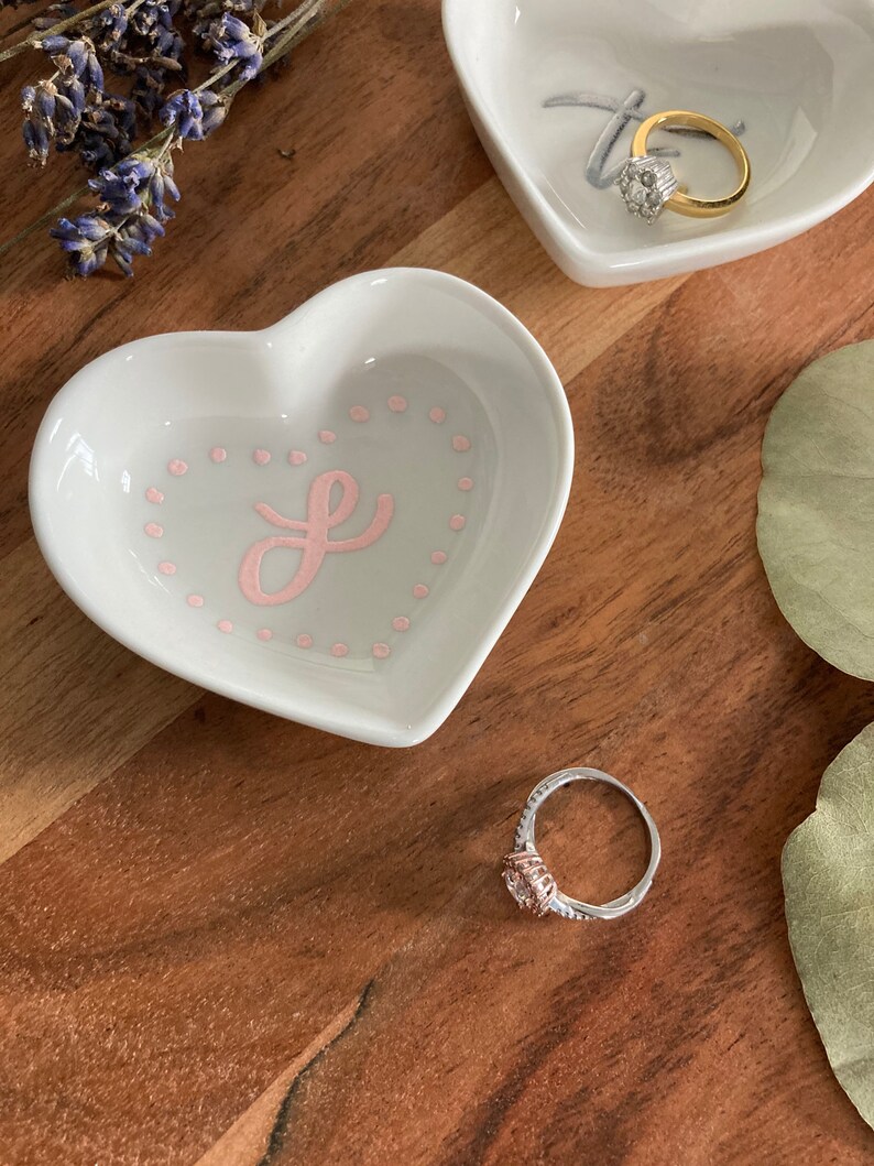 Engagement Gift Custom Ring Dish Calligraphy Ring Dish 3\u201d Personalized Custom Hand Lettered Ceramic Heart shaped Mini Ring Dish